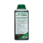 biogumuso butelis stačiakampio formos su žaliu dangteliu, juodu korpusu ir baltu etikete su