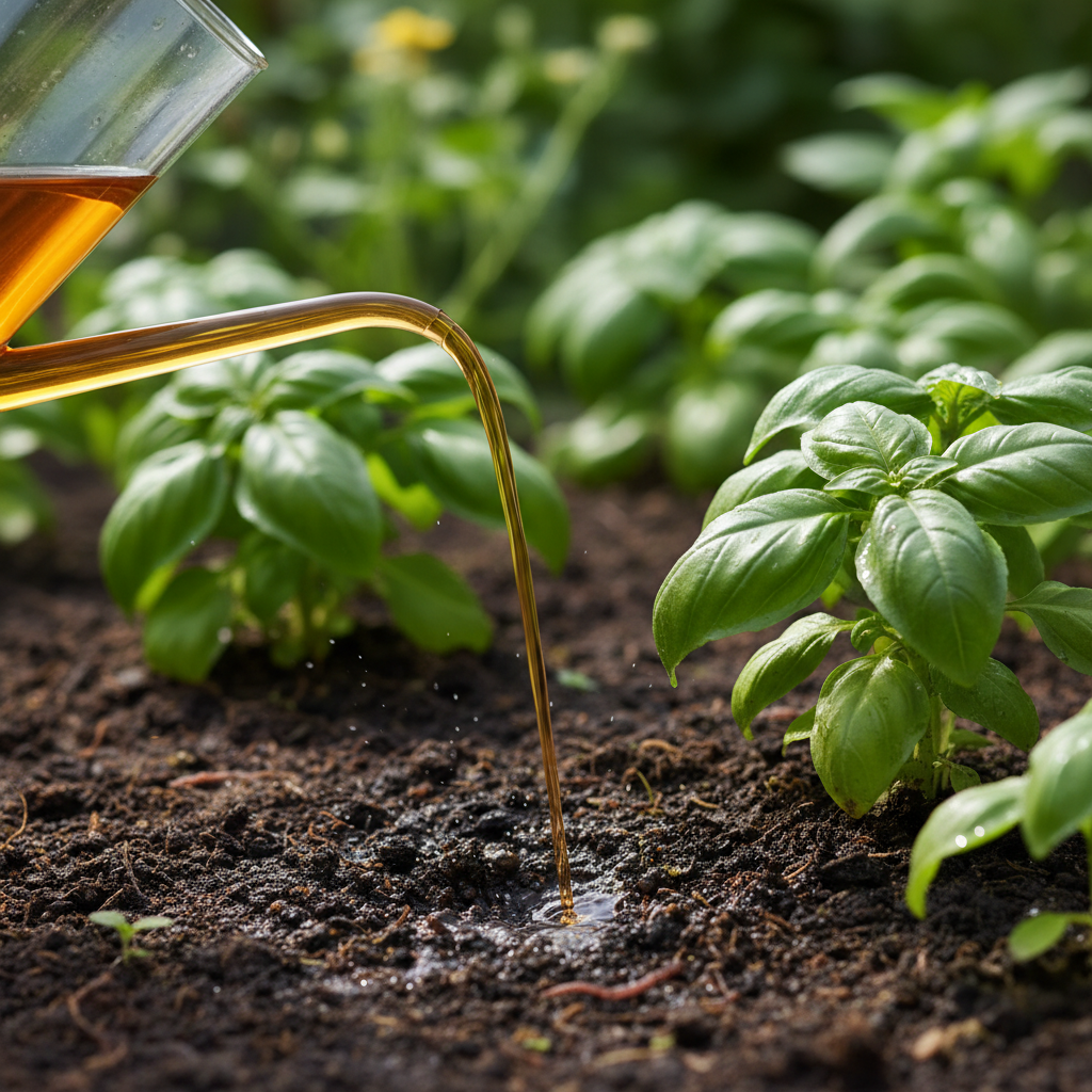 Skystų trąšų pilimas ant daržo dirvos