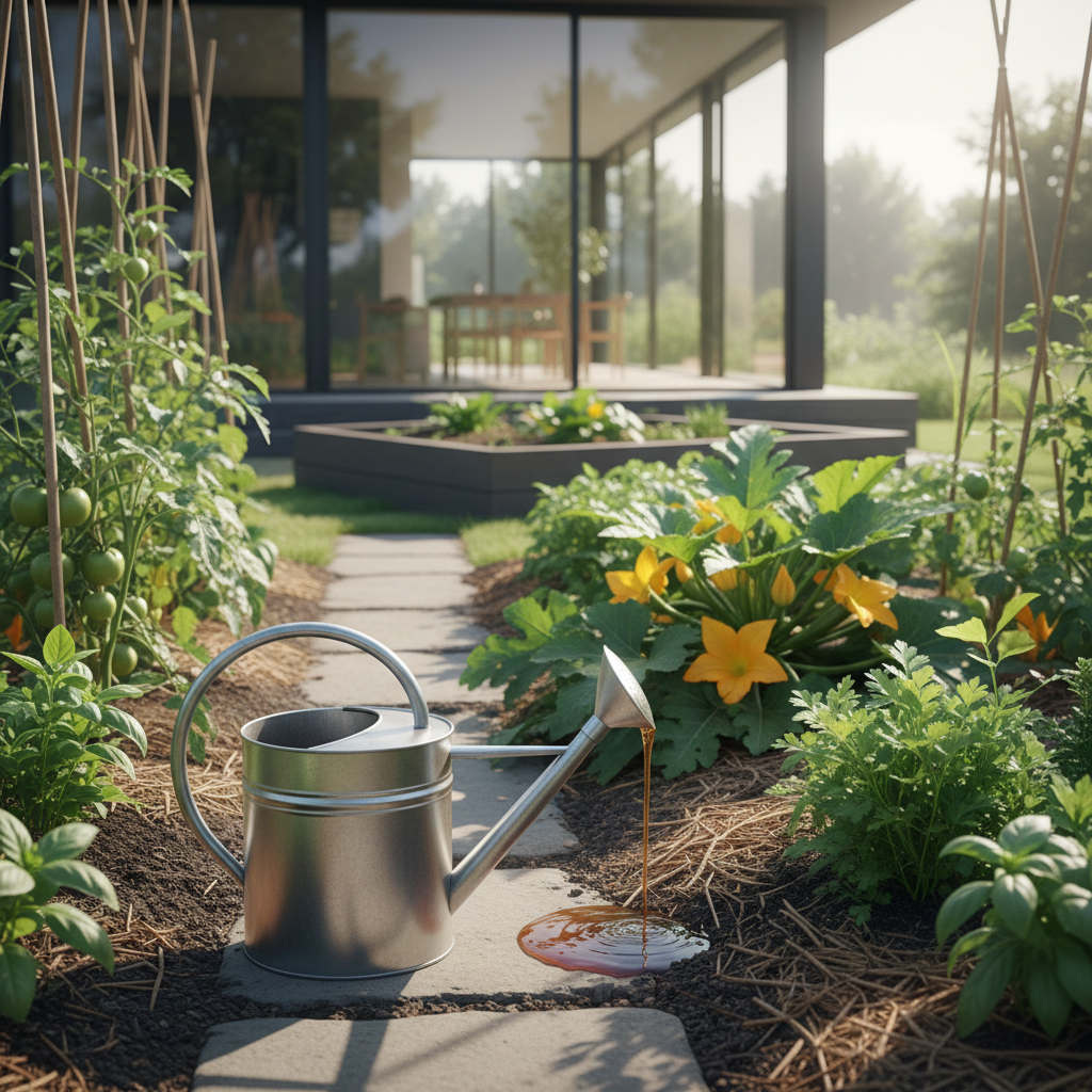 Laistykla su skystomis trąšomis ir daržas