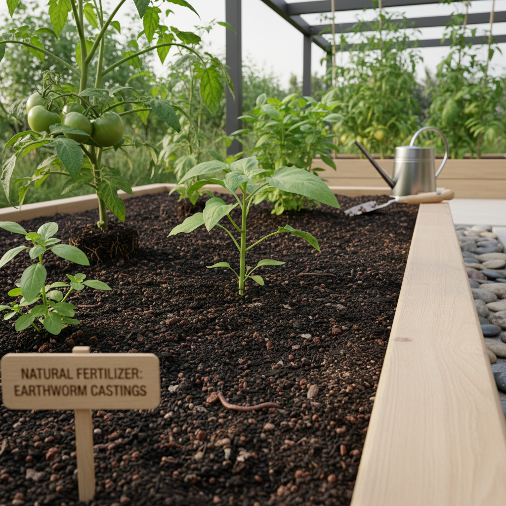 Trąšos iš sliekų dirvoje šalia augančių augalų