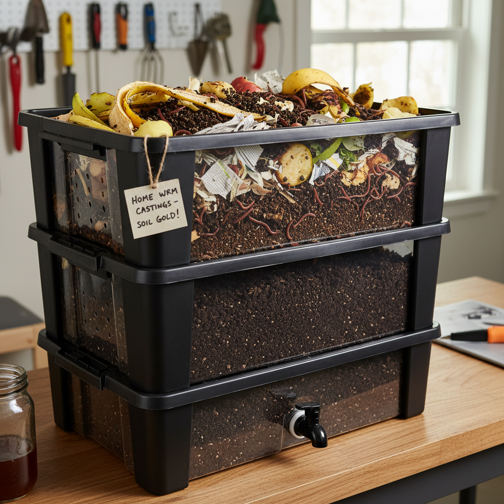 Komposto dėžė su sliekų trąšomis namuose