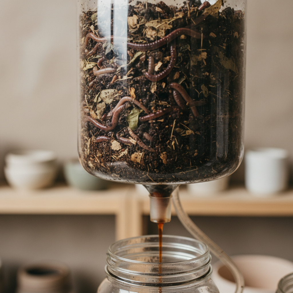 Skysto vermikomposto perdirbimo procesas su gėlėmis