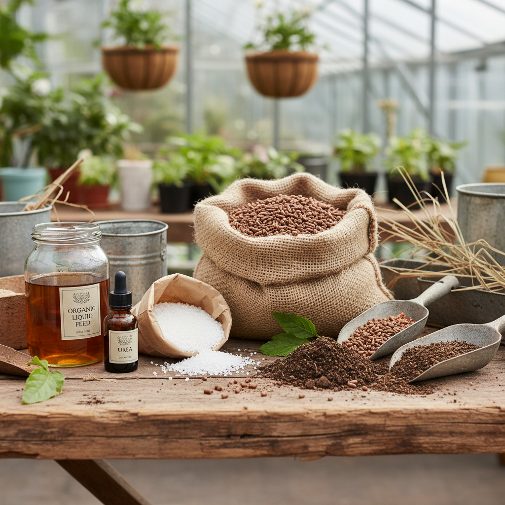 Skirtingų rūšių trąšos ant medinio stalo