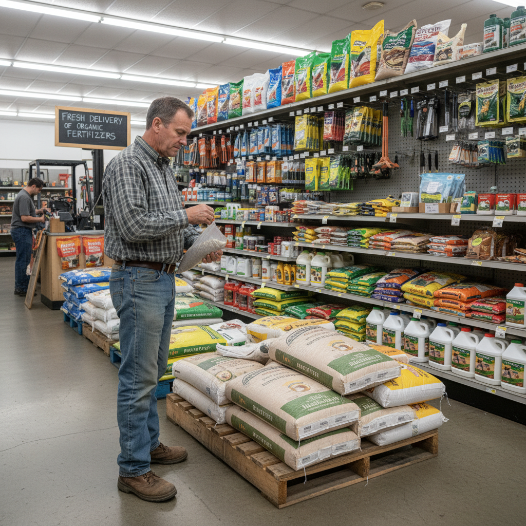 Ūkininkas renkasi trąšas parduotuvėje