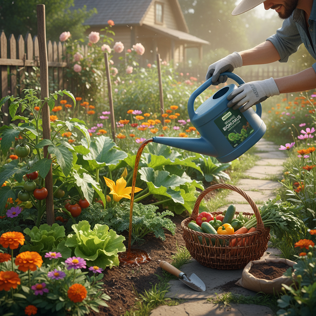 Sodininkas naudojantis skystą biohumusą darže su daržovėmis ir gėlėmis