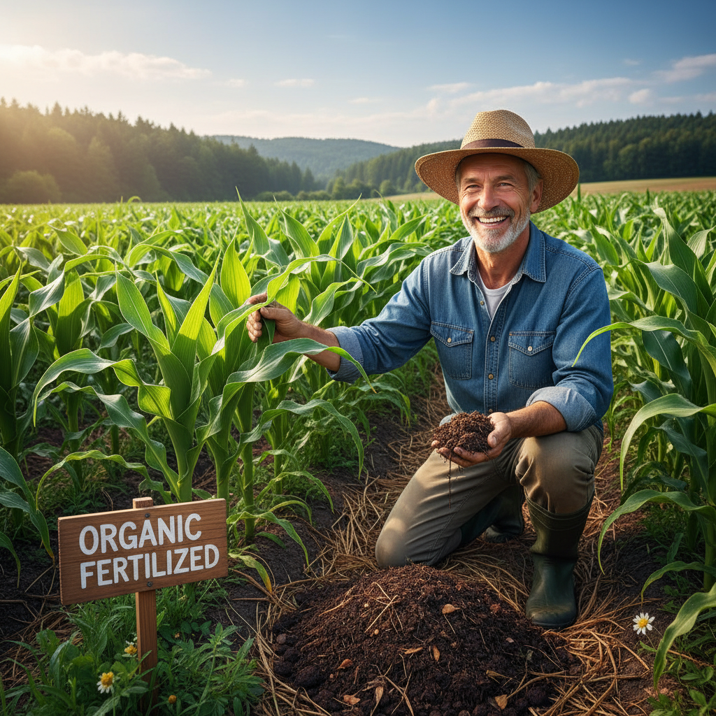 Ūkininkas tikrina derlingas pasėlius po organinių trąšų naudojimo