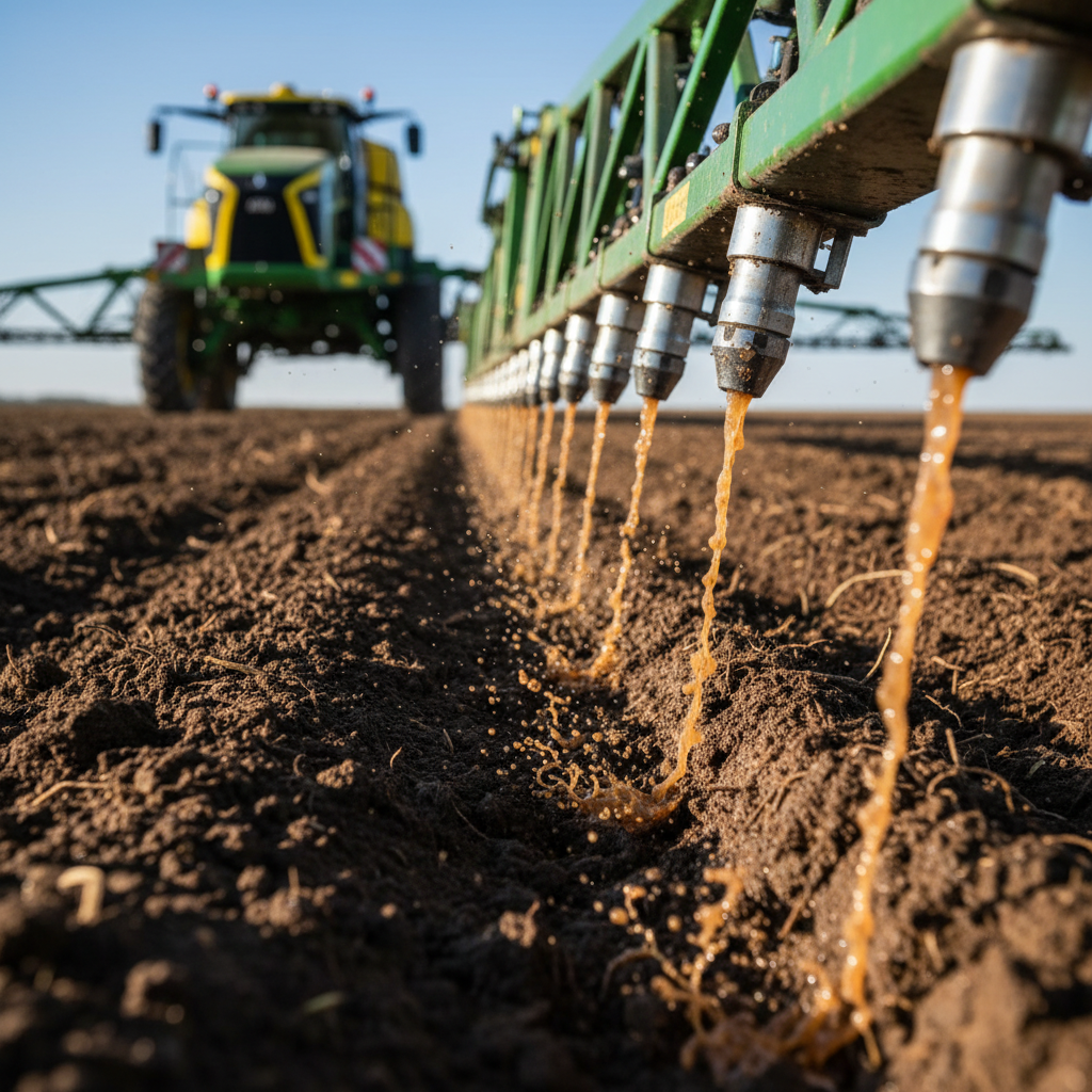Skystų trąšų įpurškimas į dirvą pažangia žemės ūkio technika