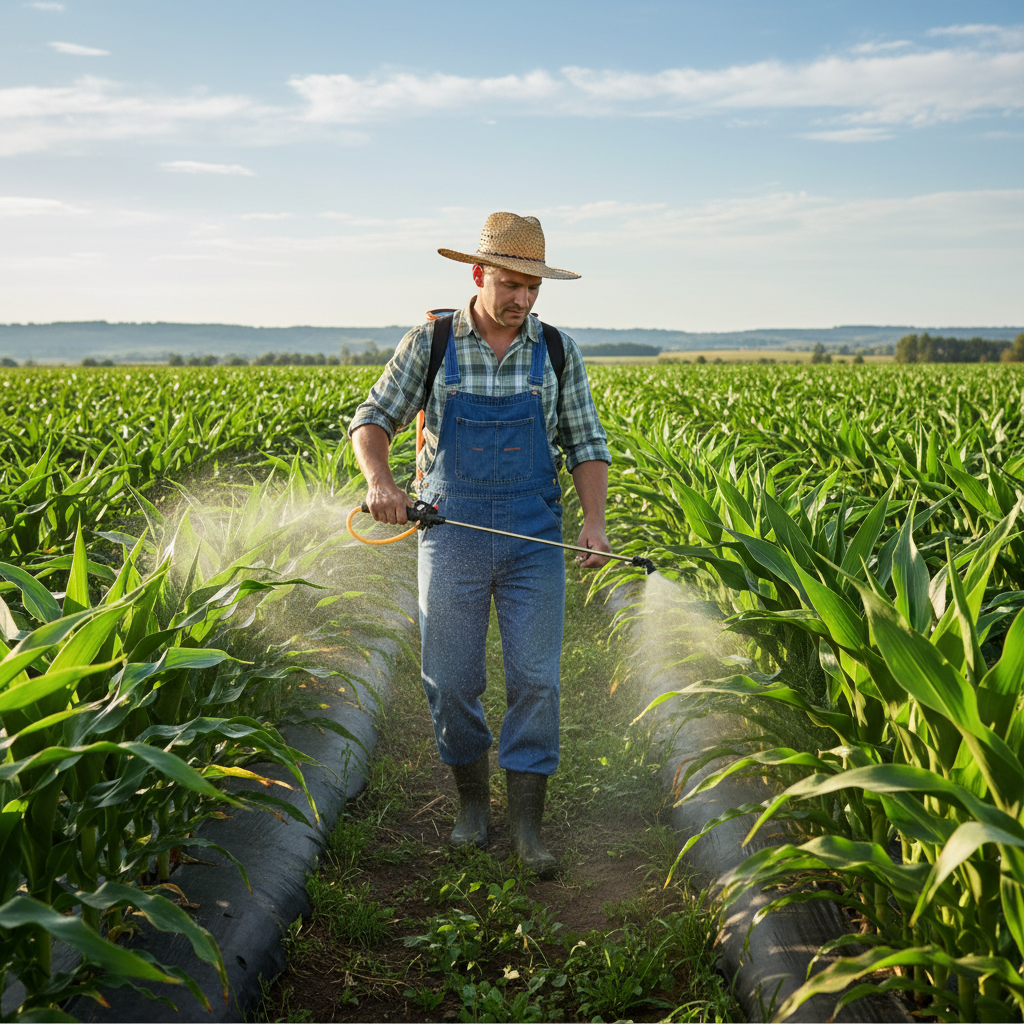 Ūkininkas purškia skystas trąšas augančioms kultūroms