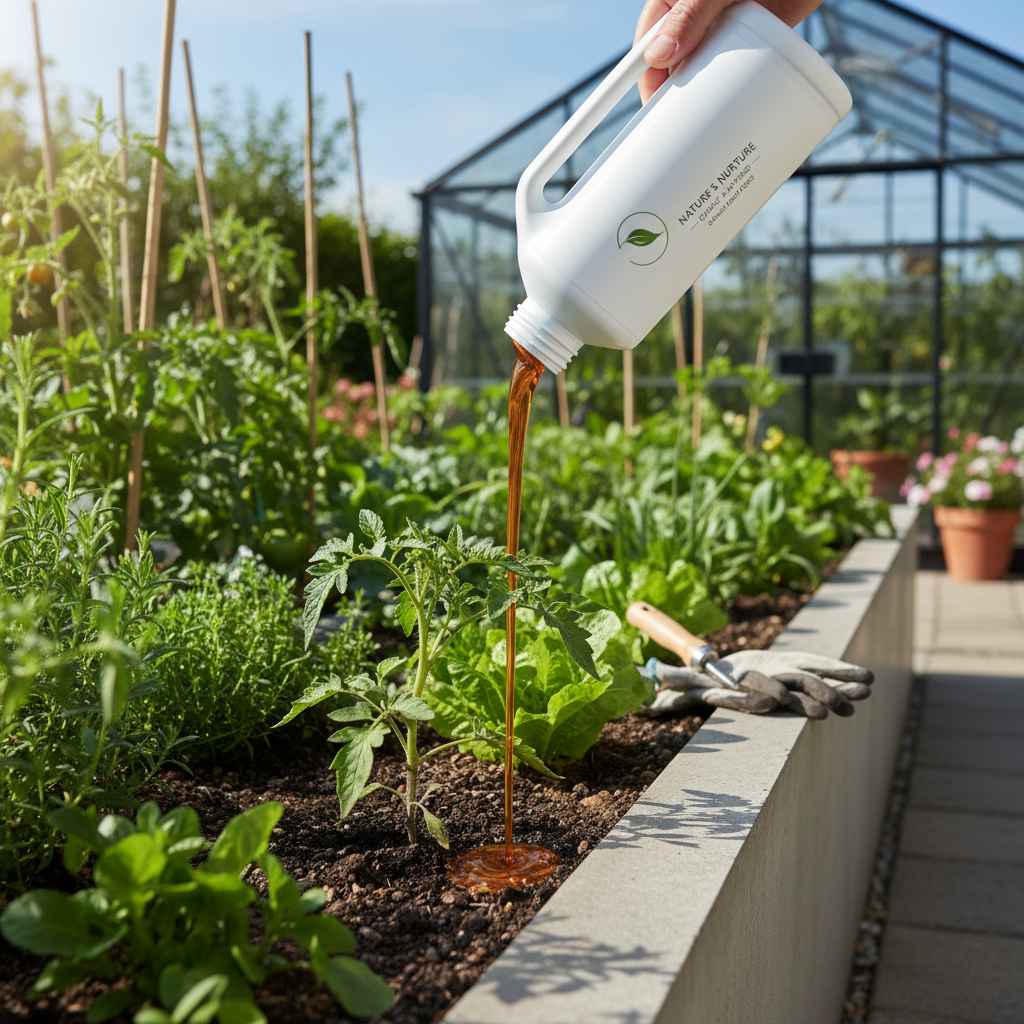 Skystos organinės trąšos butelyje ir sodas fone