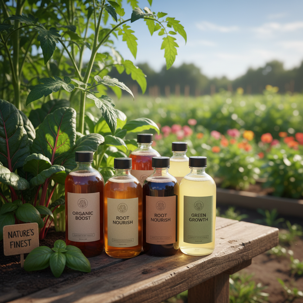 Organinių skystų trąšų buteliai ir sveiki augalai saulėtoje aplinkoje