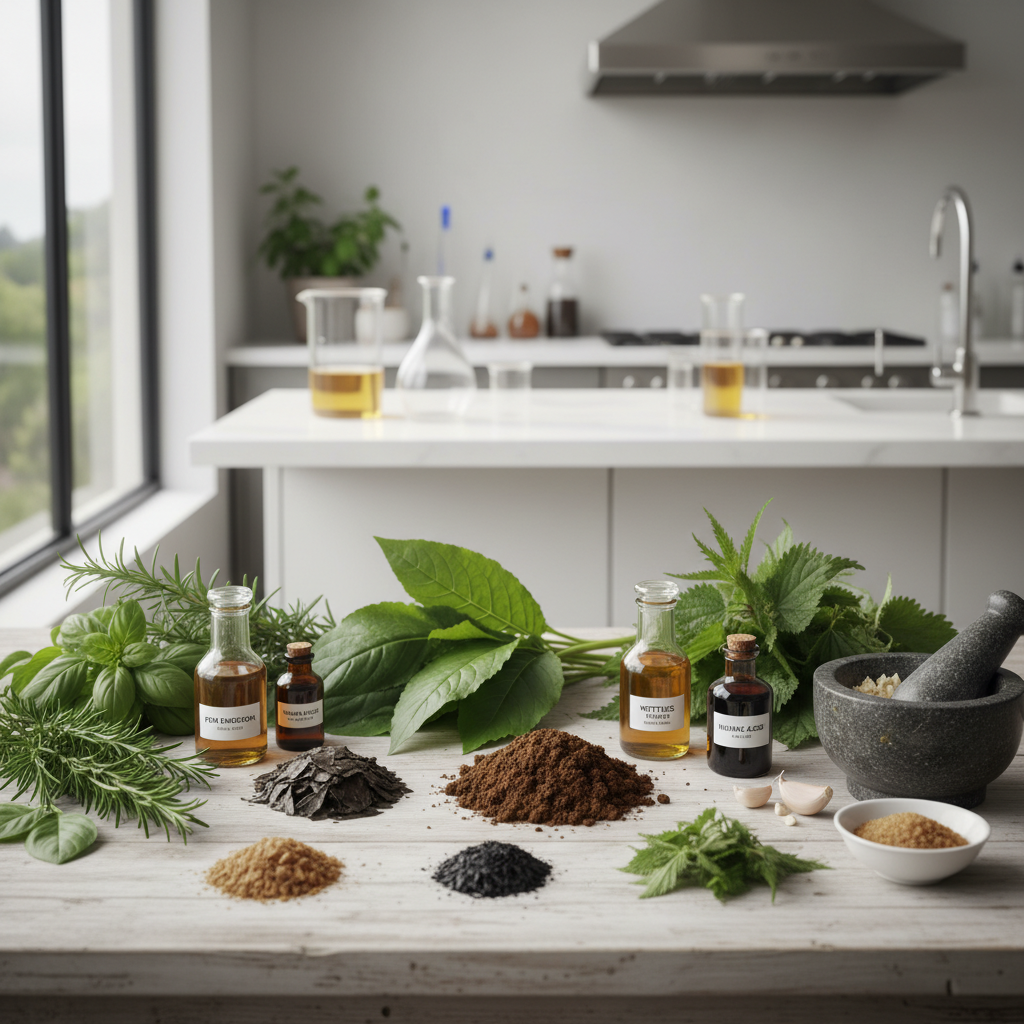 Natūralios organinių trąšų sudedamosios dalys ant medinio stalo