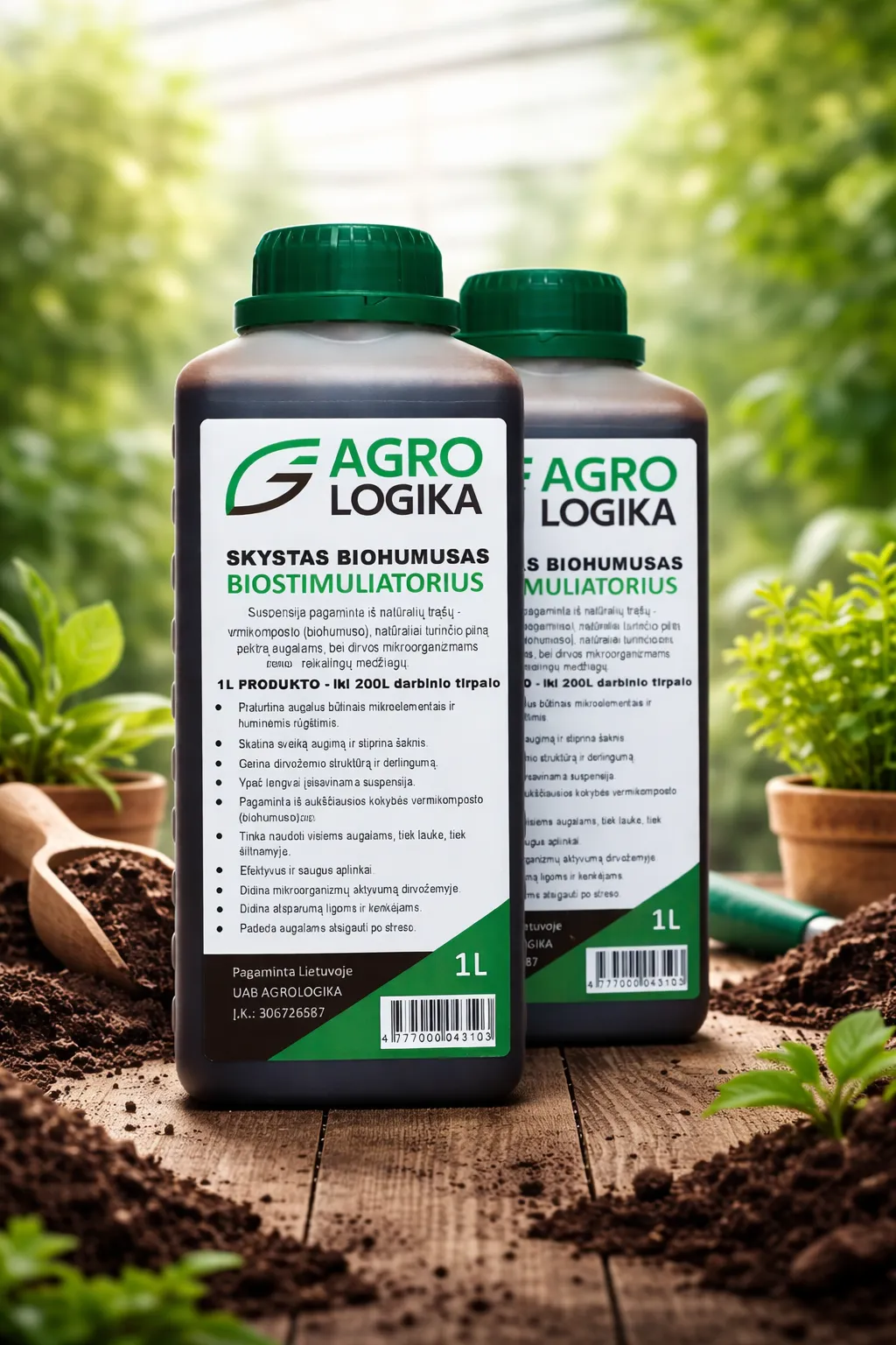 Biogumusas Rudas plastikinis butelis su žalia dangteliu, baltu etikete